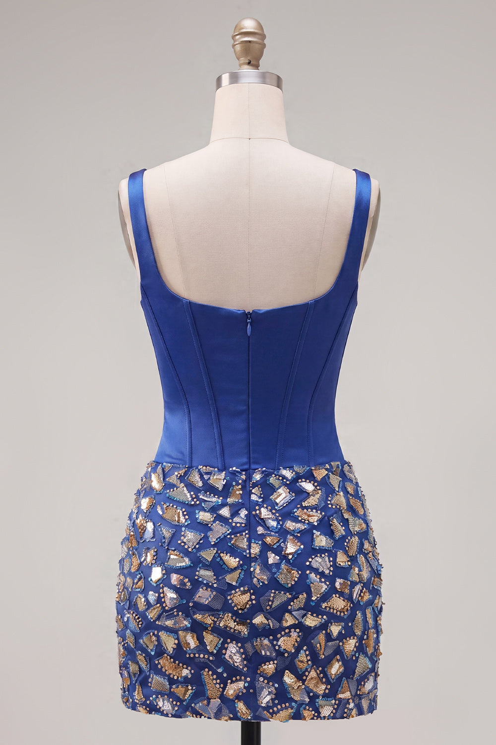 Square Neck Corset Bodycon Sparkly Dark Blue Homecoming Dress