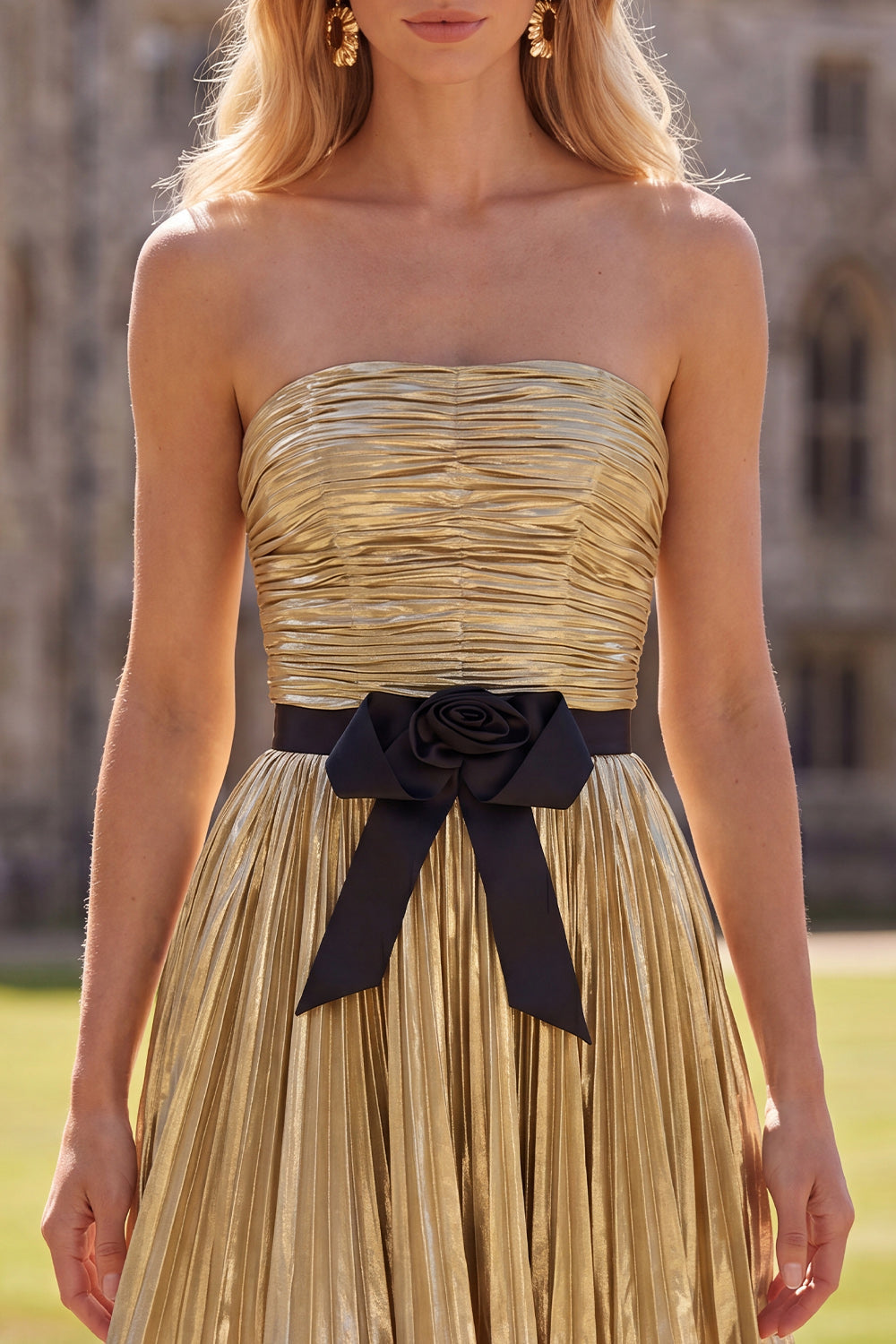 Strapless Golden Pleated A Line Homecoming Dress With 3D Flower