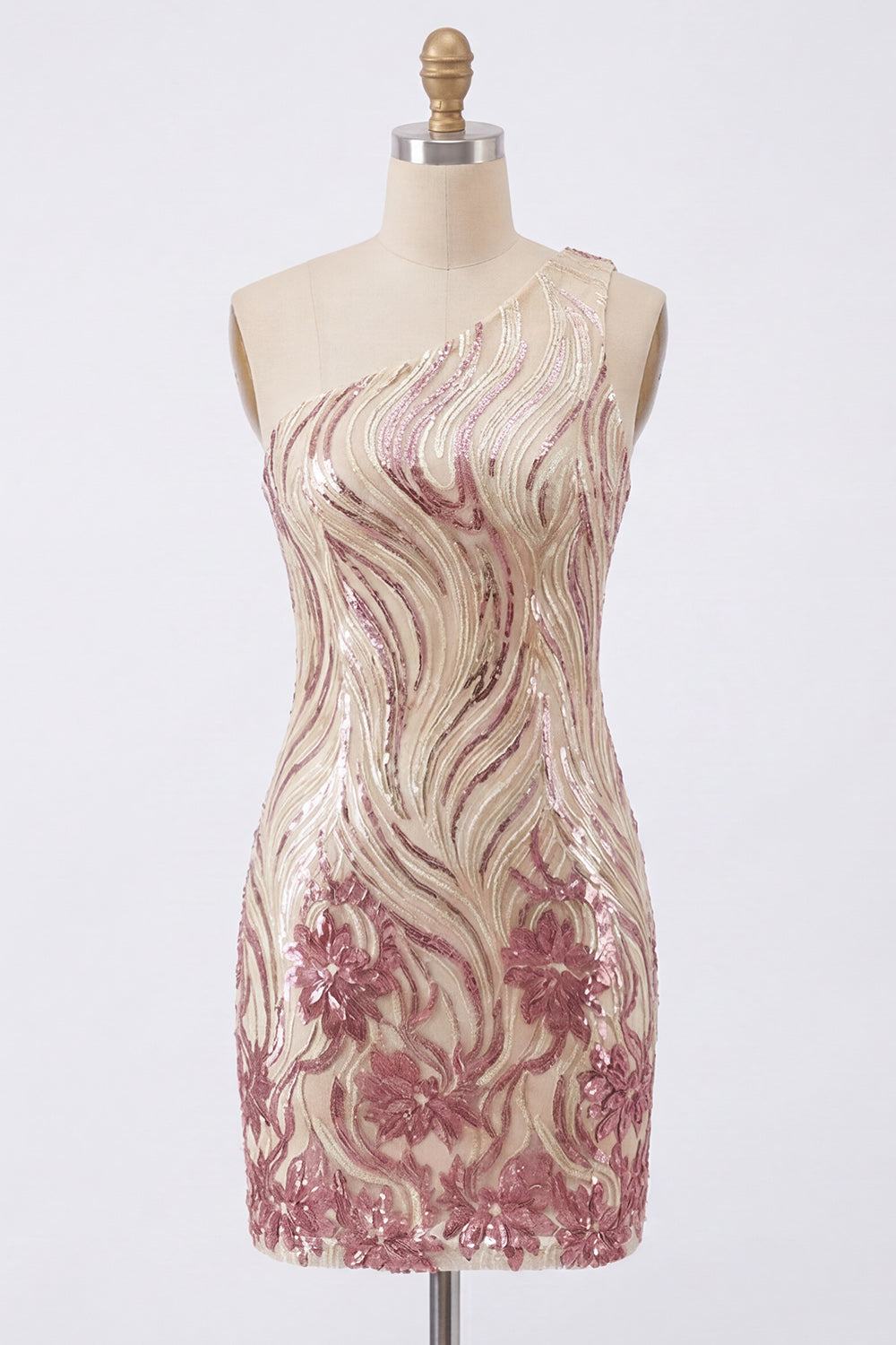 Sparkly One Shoulder Gold and Pink Bodycon Sequin Homecoming Dress