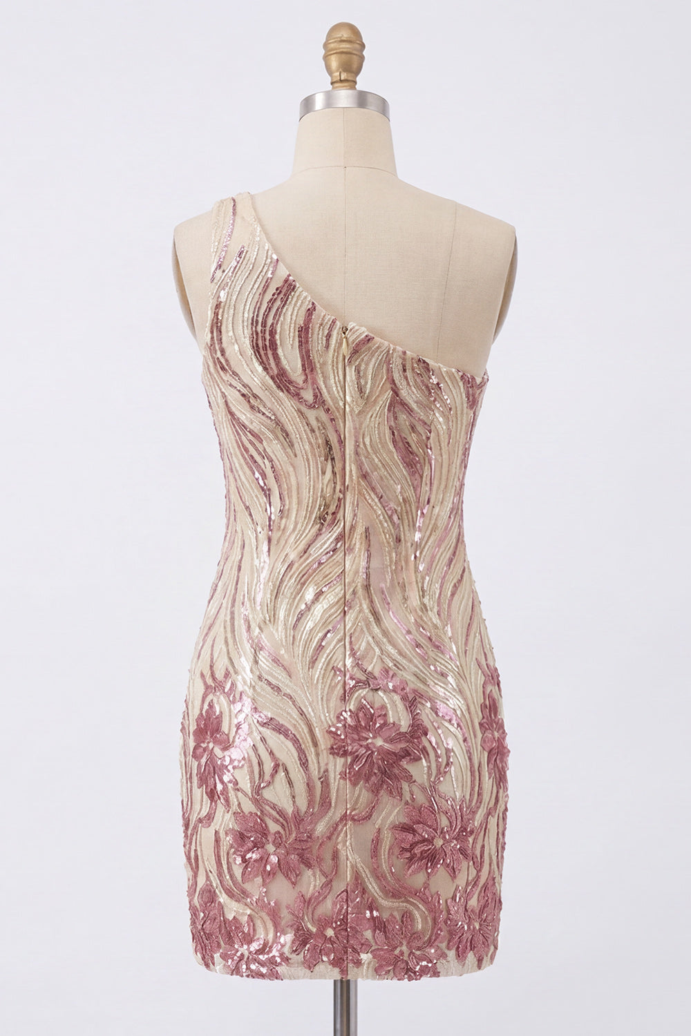 Sparkly One Shoulder Gold and Pink Bodycon Sequin Homecoming Dress