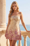 Strapless A-Line Gold and Pink Sequin Homecoming Dress