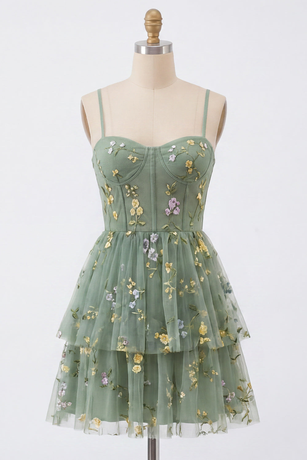 A-Line Corset Dusty Sage Tulle Floral Homecoming Dress with Bow