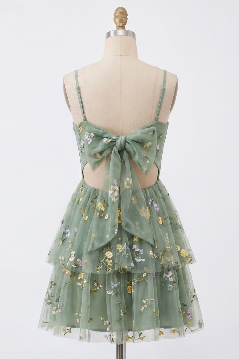 A-Line Corset Dusty Sage Tulle Floral Homecoming Dress with Bow