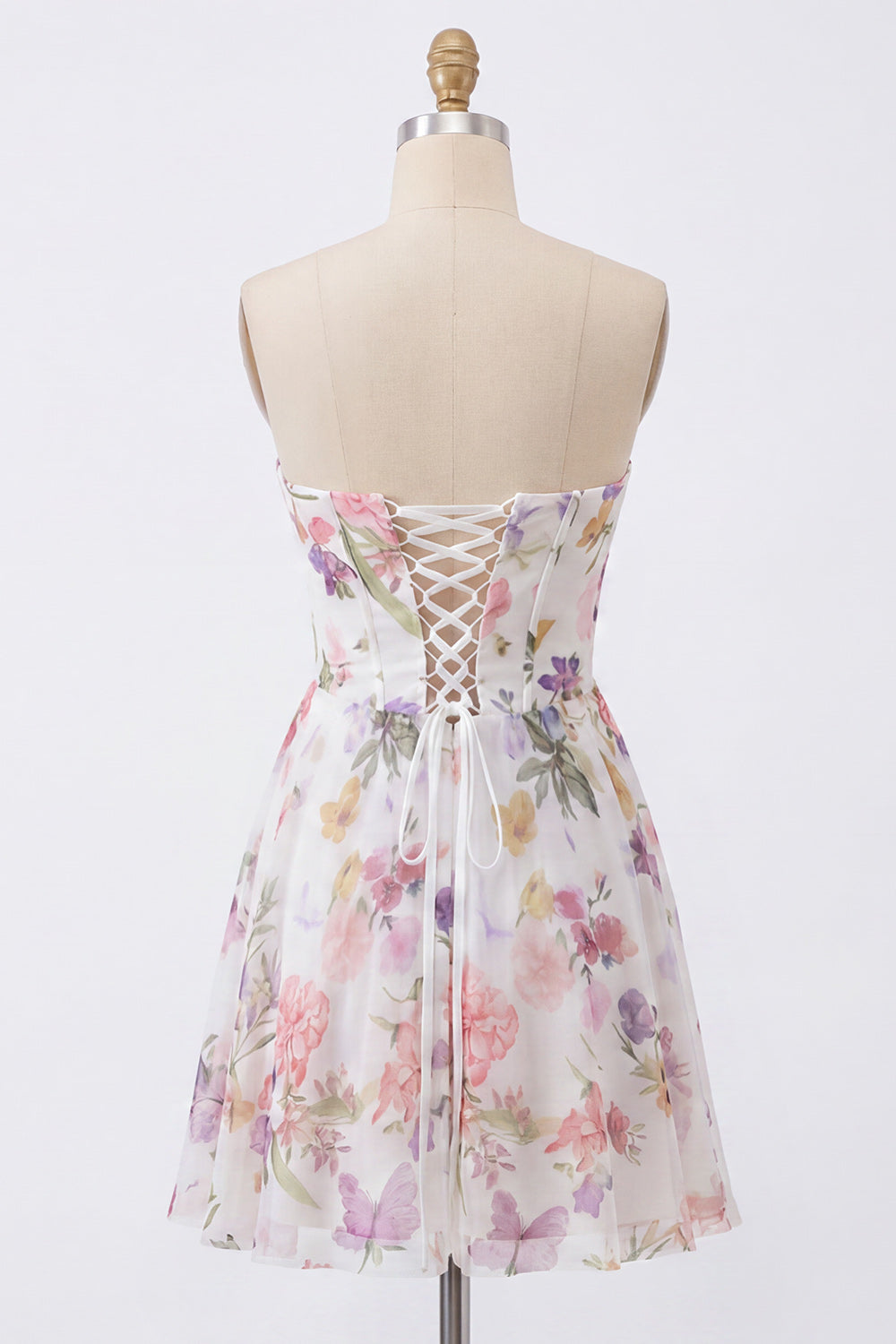 A-Line Ivory Floral Strapless Ruched Corset Homecoming Dress
