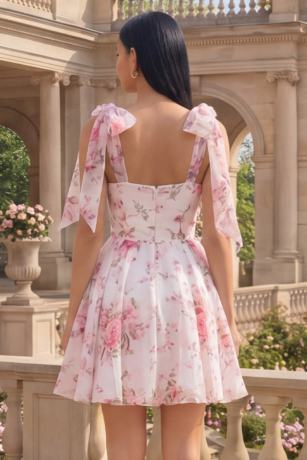 White Pink Floral A-Line Chiffon Homecoming Dress