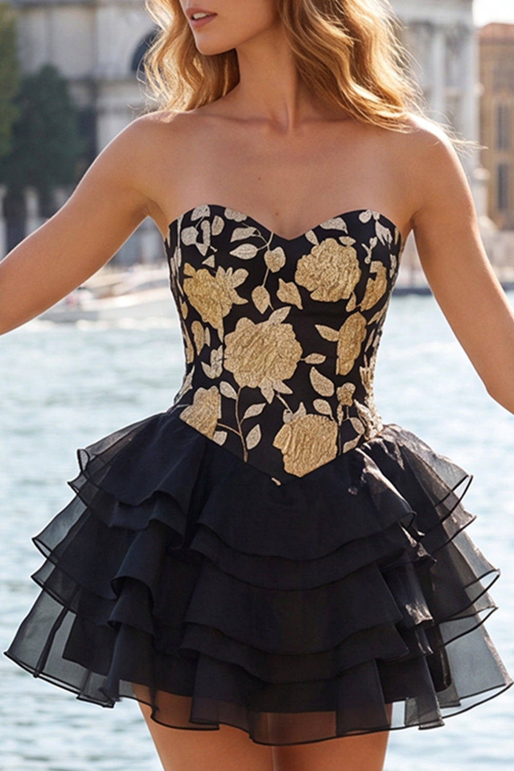 Corset Blue and Black Strapless Floral A Line Homecoming Dress