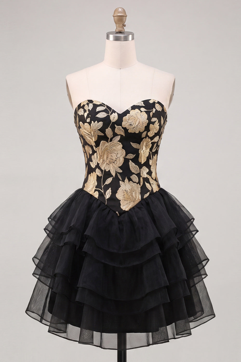 Corset Blue and Black Strapless Floral A Line Homecoming Dress
