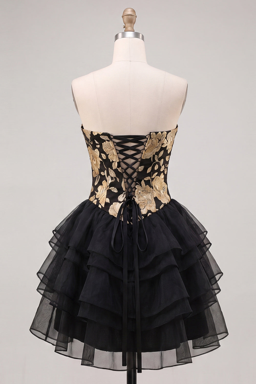 Corset Blue and Black Strapless Floral A Line Homecoming Dress