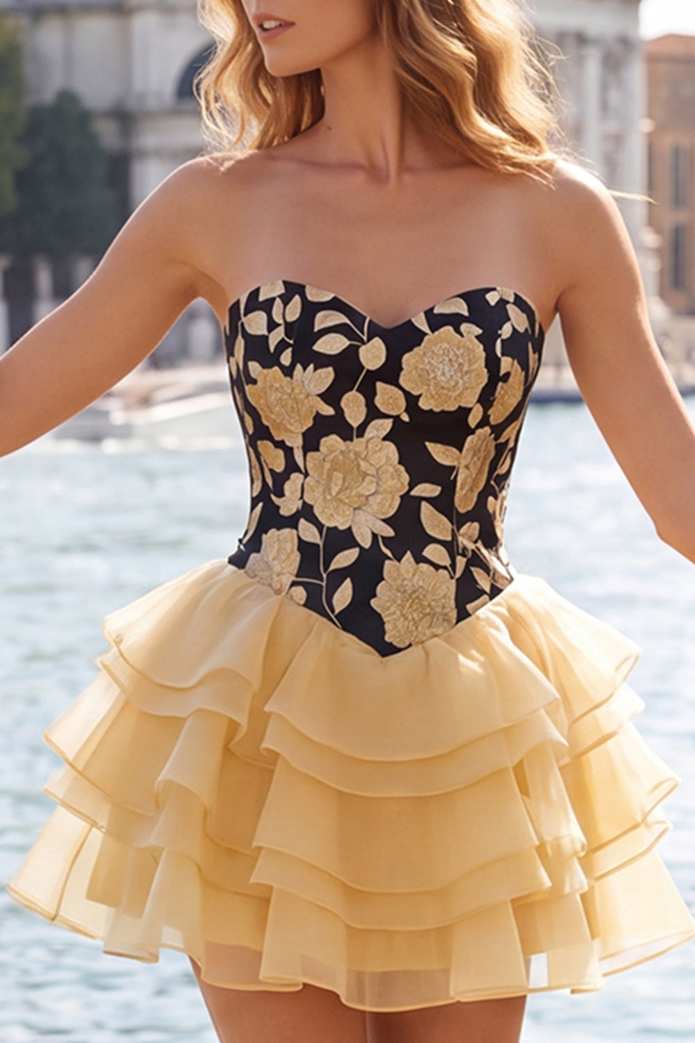 Corset Blue and Black Strapless Floral A Line Homecoming Dress
