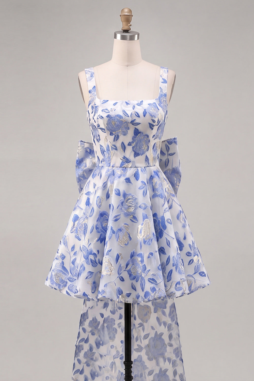 Square Neck Blue and Black Corset A Line Homecoming Dress With Bow