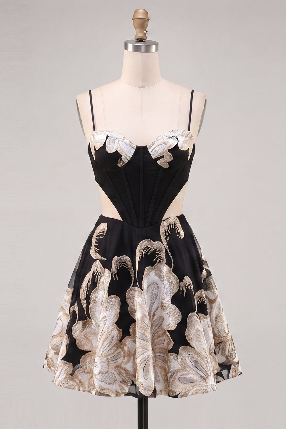 Blue Corset Cut Out Floral Spaghetti Straps Homecoming Dress
