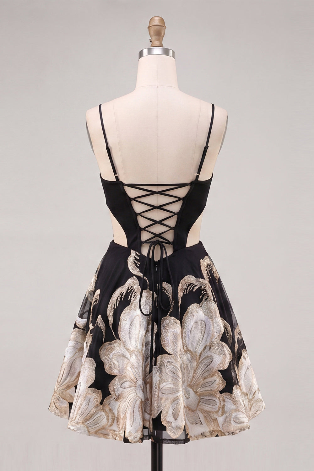 Blue Corset Cut Out Floral Spaghetti Straps Homecoming Dress