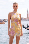 Halter Yellow Floral Sparkly Bodycon Homecoming Dress