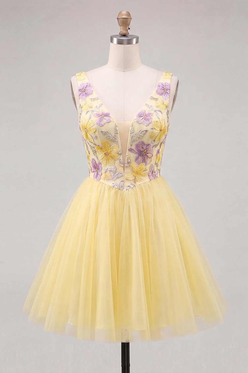 V-Neck Floral Sparkly Mint Green A Line Homecoming Dress