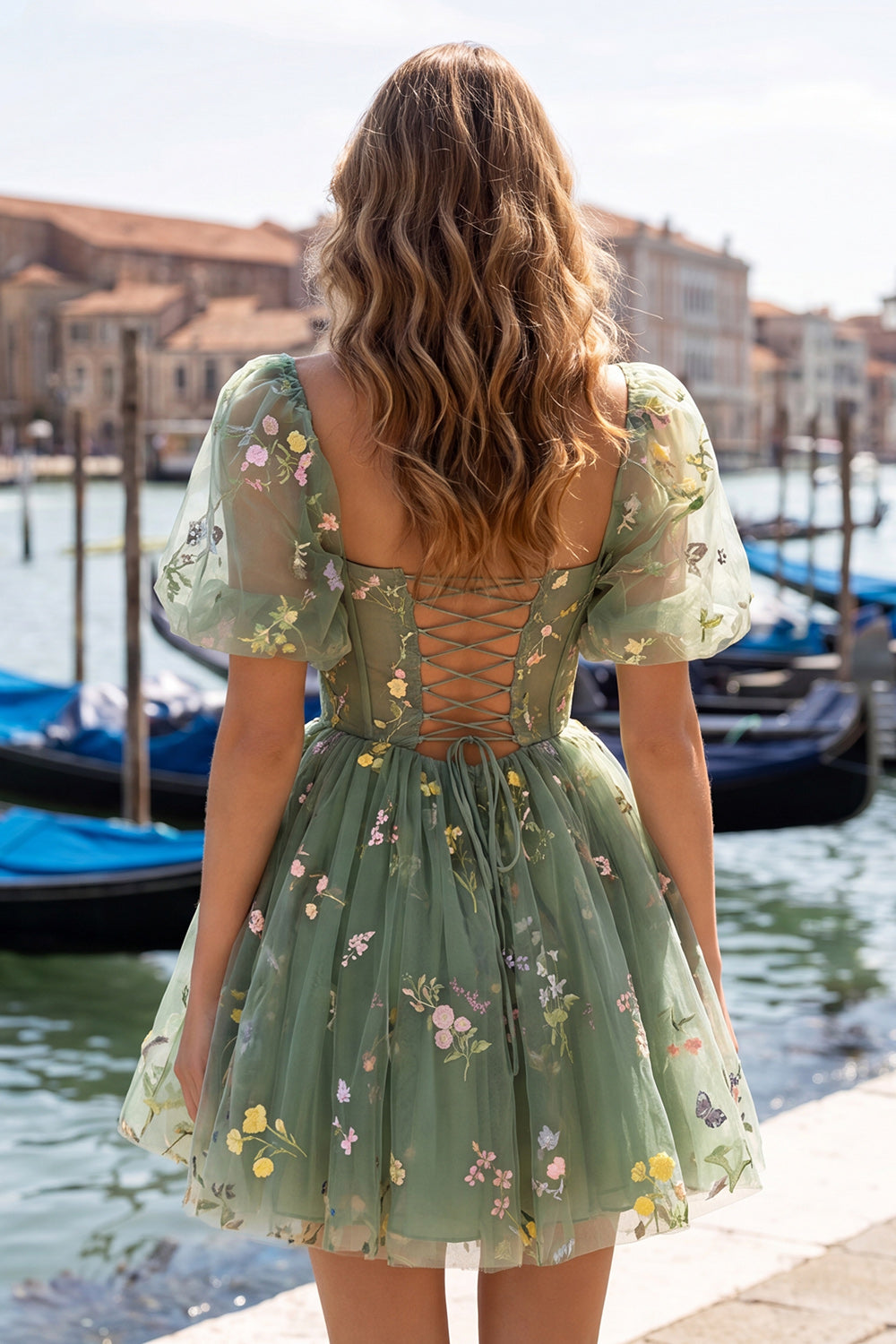 Dusty Sage Print Corset A Line Square Neck Homecoming Dress With Puff Sleeves