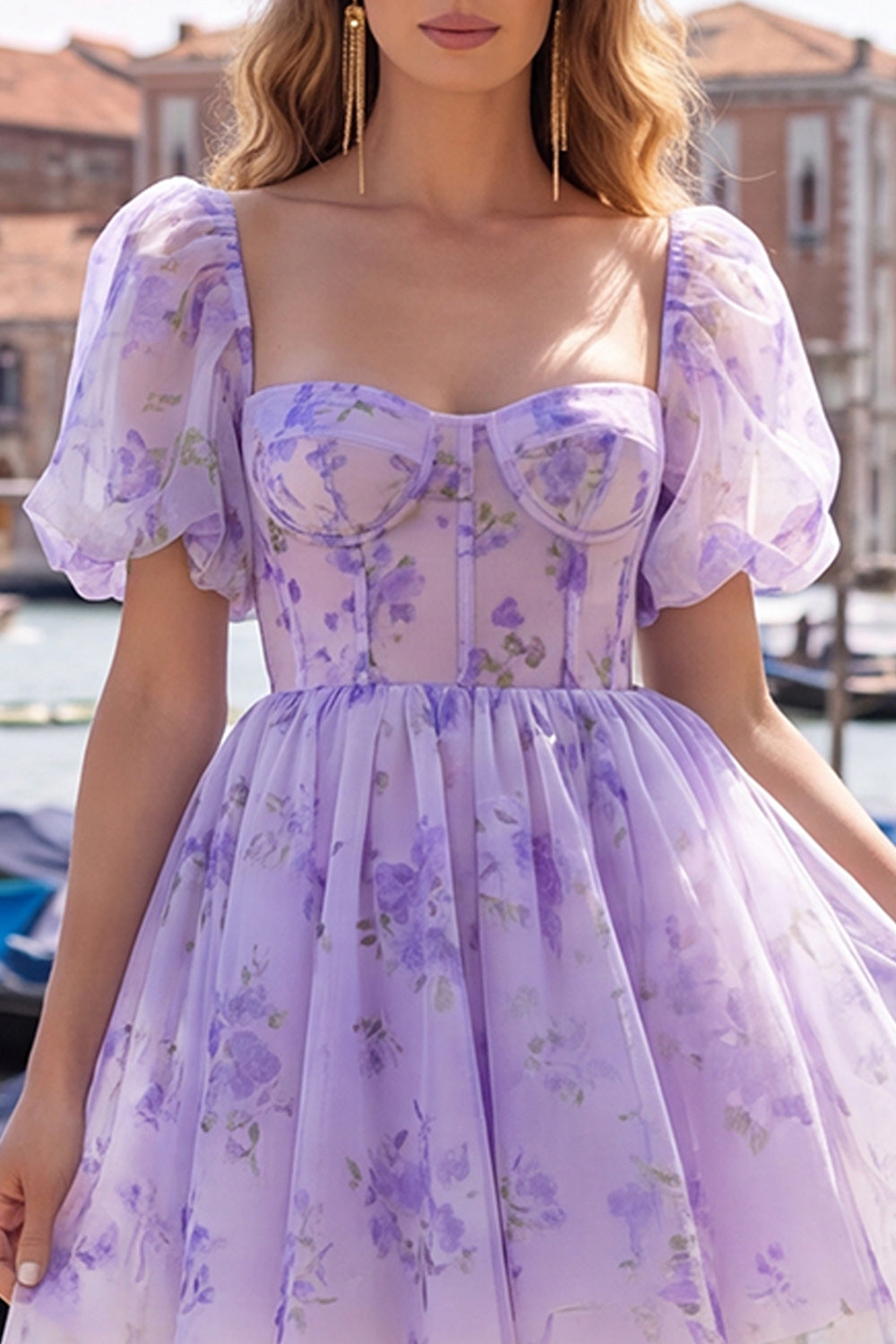 Dusty Sage Print Corset A Line Square Neck Homecoming Dress With Puff Sleeves