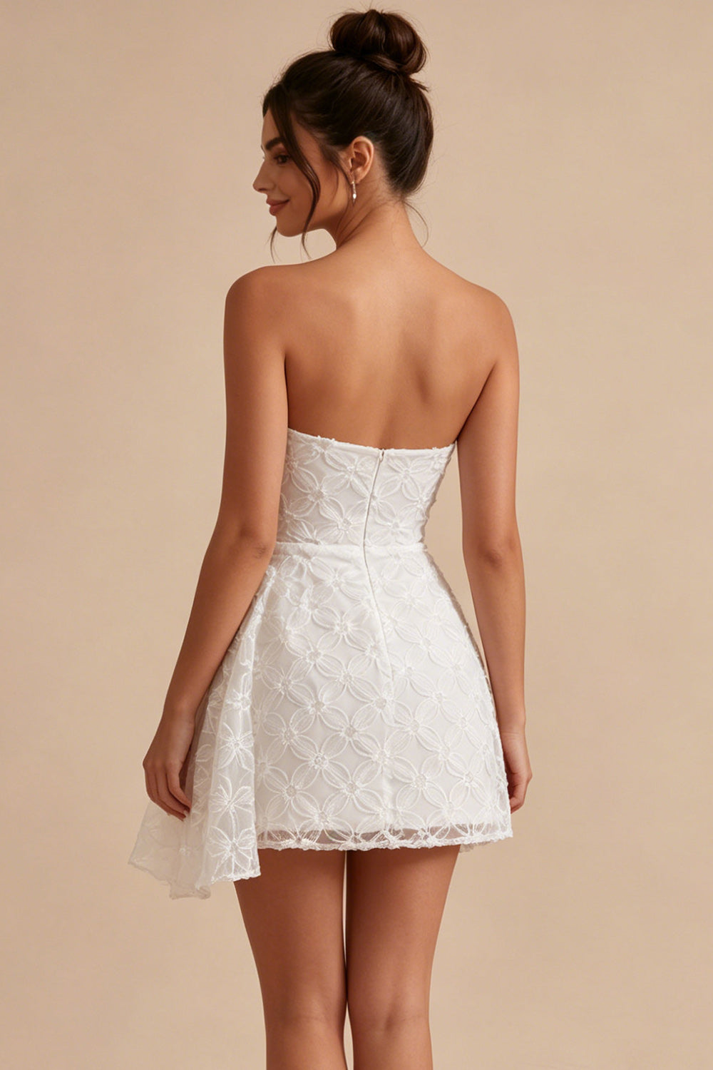 Strapless Floral A Line Lace Little White Dress With Sash