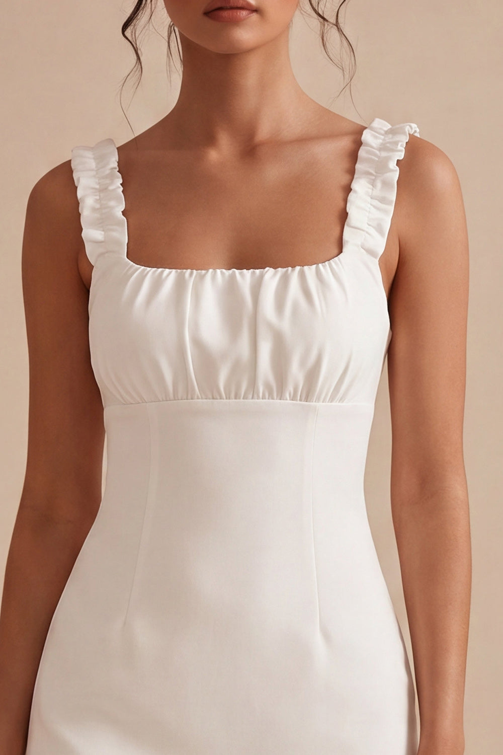 Square Neck Corset Bodycon Little White Dress With Ruch