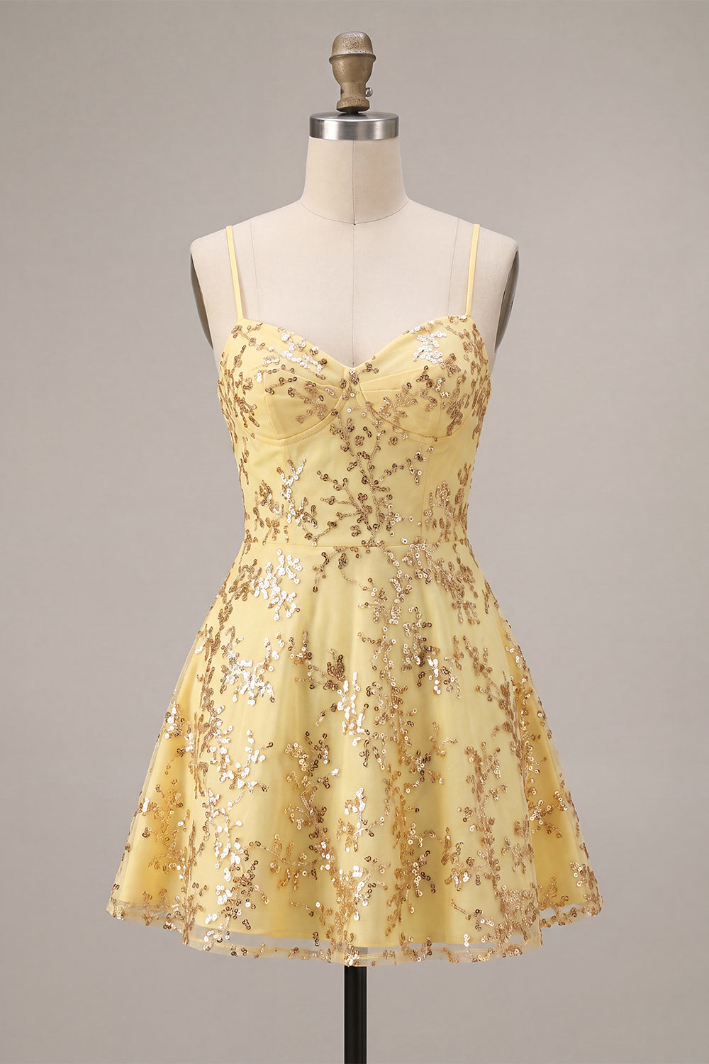 Corset Sequins A Line Yellow Spaghetti Straps Homecoming Dress