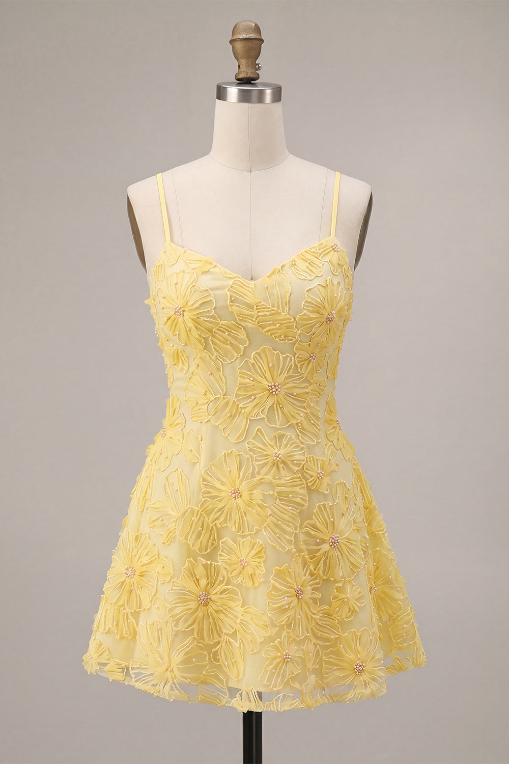 Yellow Floral A Line Spaghetti Straps Homecoming Dress With Beading