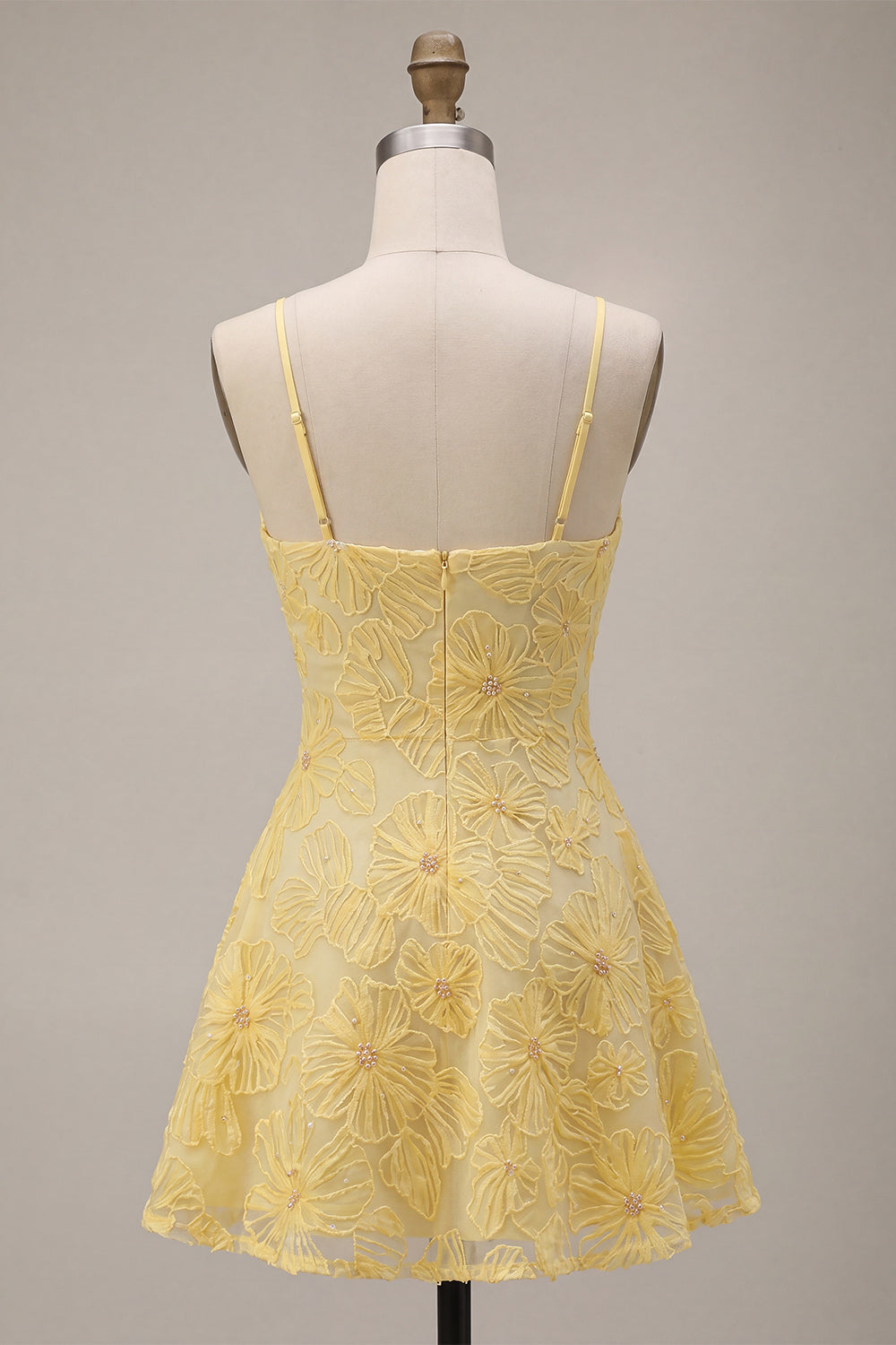 Yellow Floral A Line Spaghetti Straps Homecoming Dress With Beading