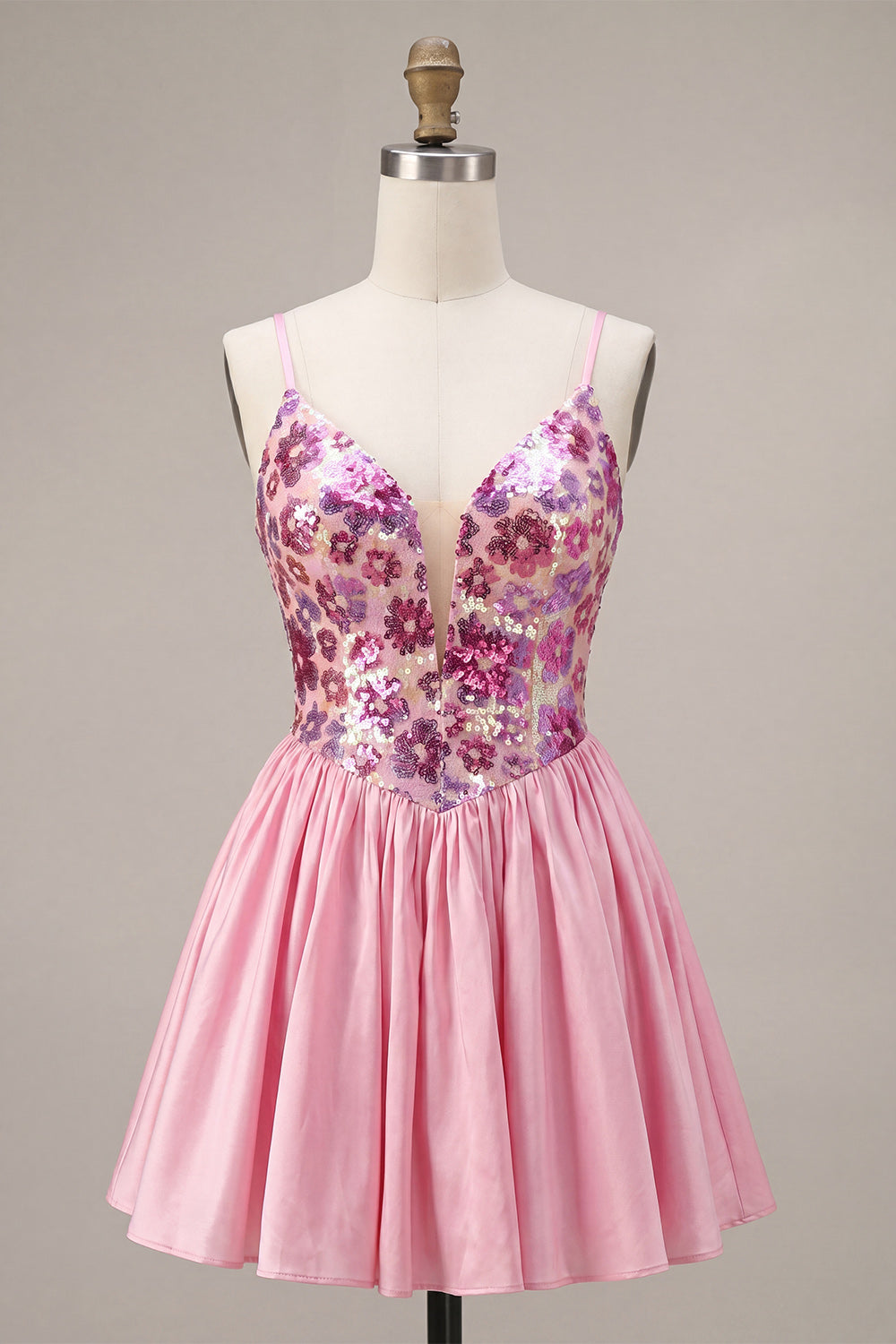 Pink Floral A Line Spaghetti Straps Sequins Homecoming Dress