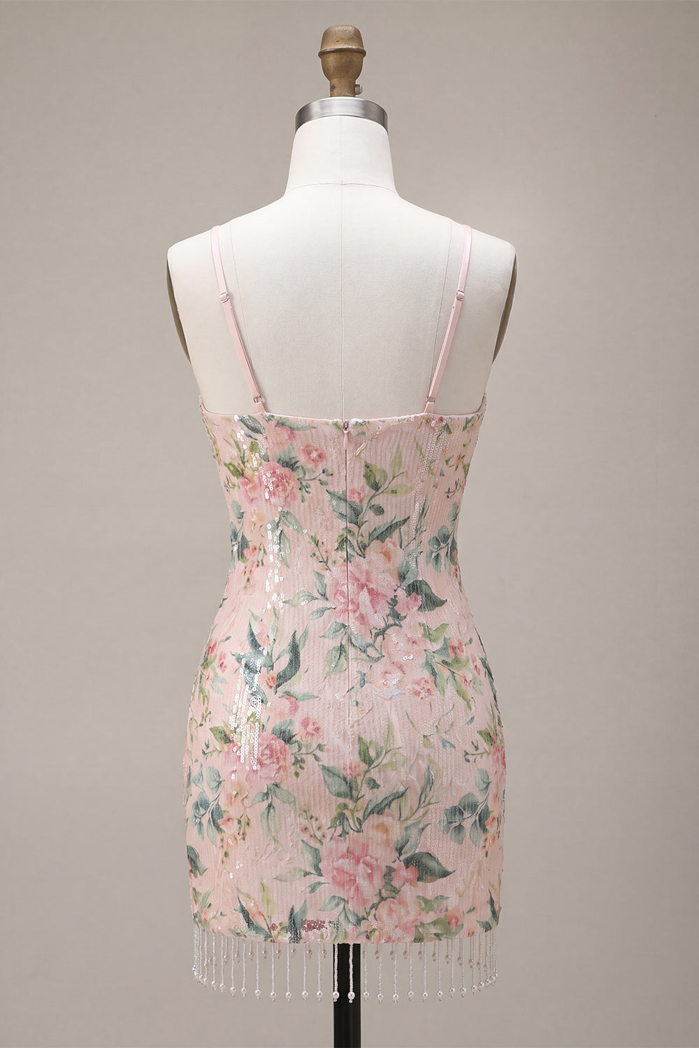 Pink Floral Spaghetti Straps Bodycon Homecoming Dress With Fringes