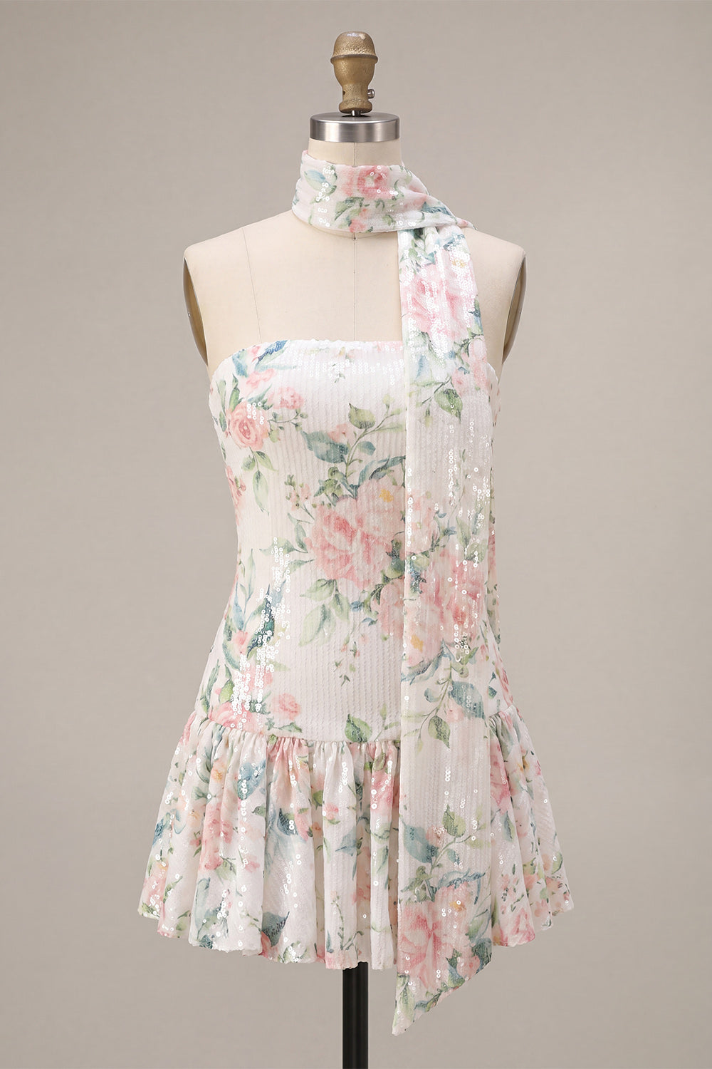 Strapless Pink Floral A Line Homecoming Dress With Scarf