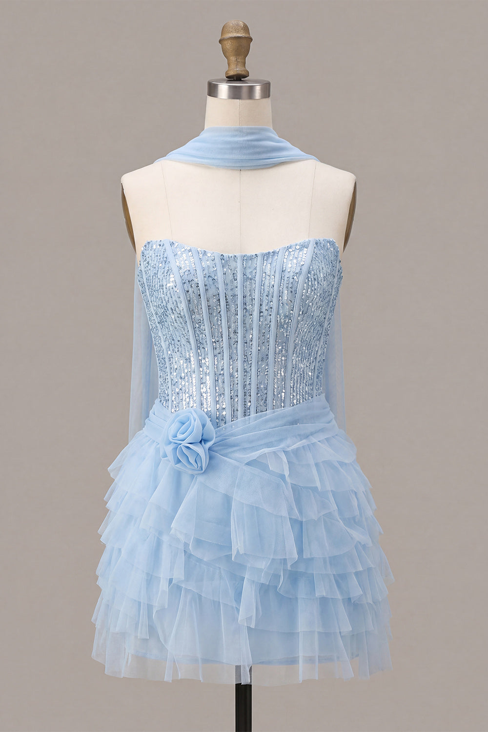 Strapless Corset Sparkly A Line Sky Blue Homecoming Dress