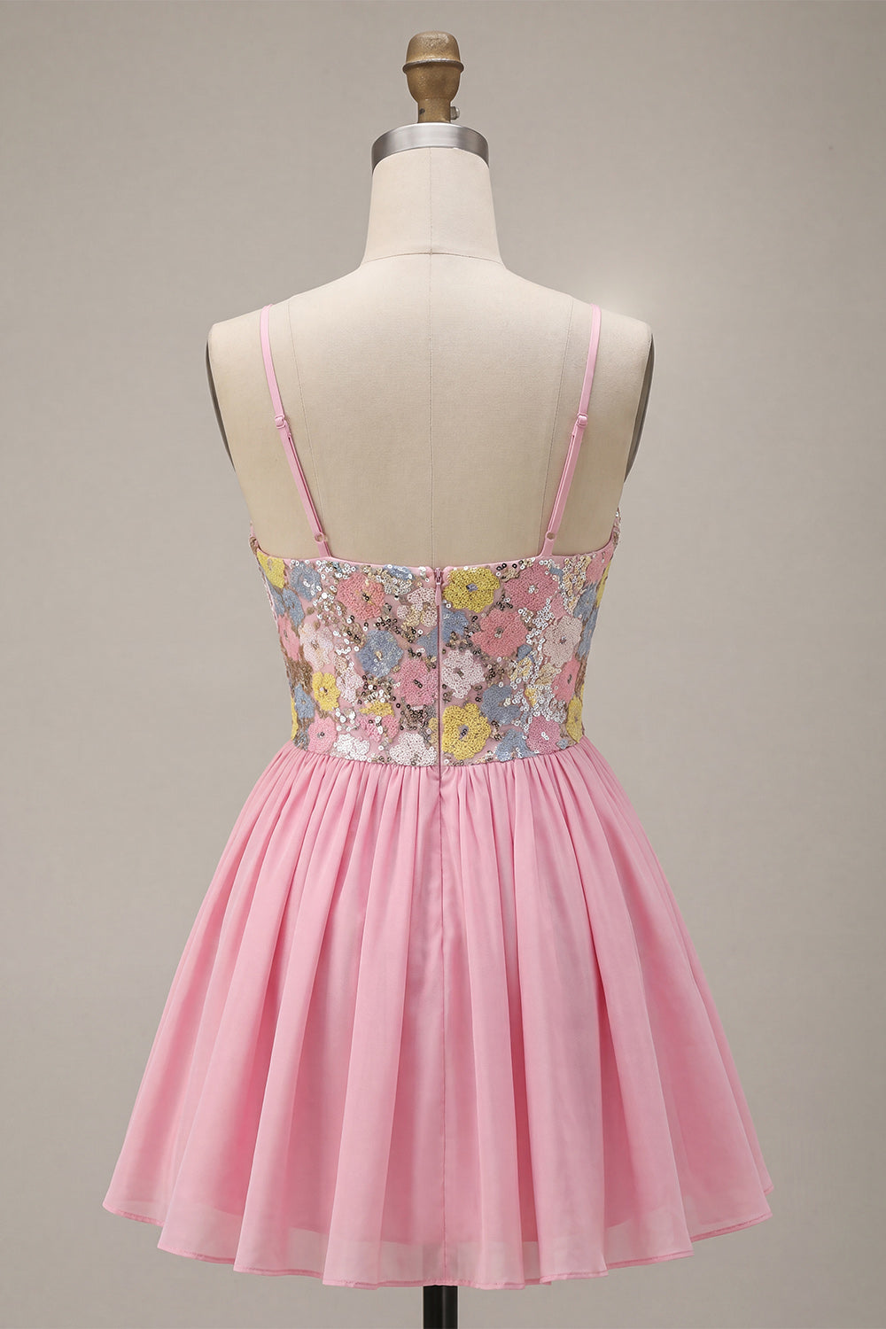 Pink Floral V-Neck A Line Sequins Homecoming Dress