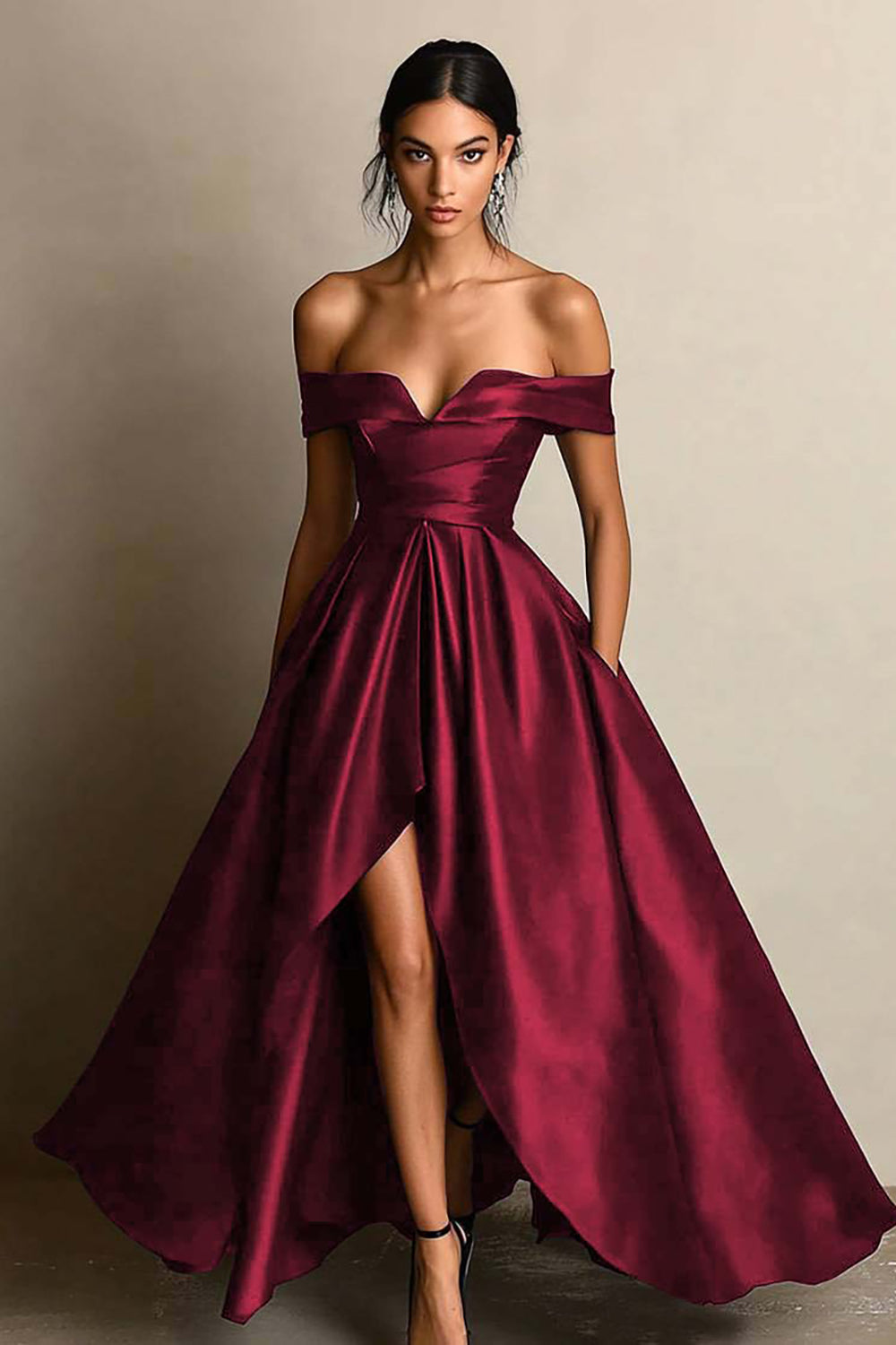 Off The Shoulder High Low A Line Black Tie Dress