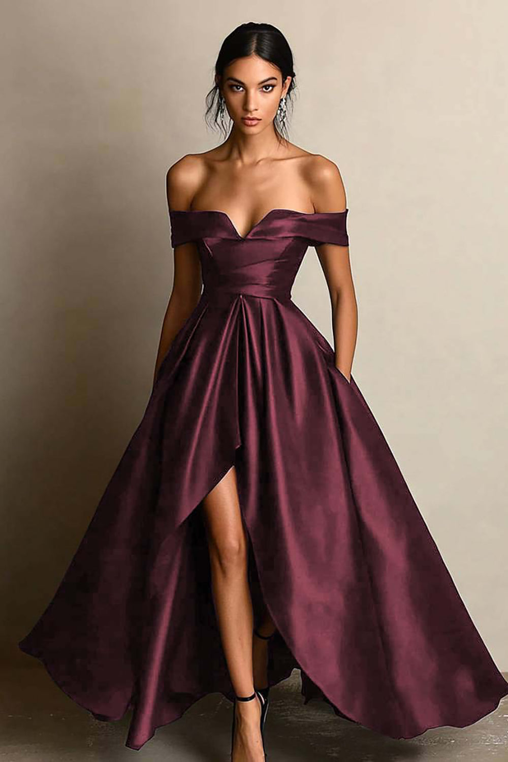 Off The Shoulder High Low A Line Black Tie Dress