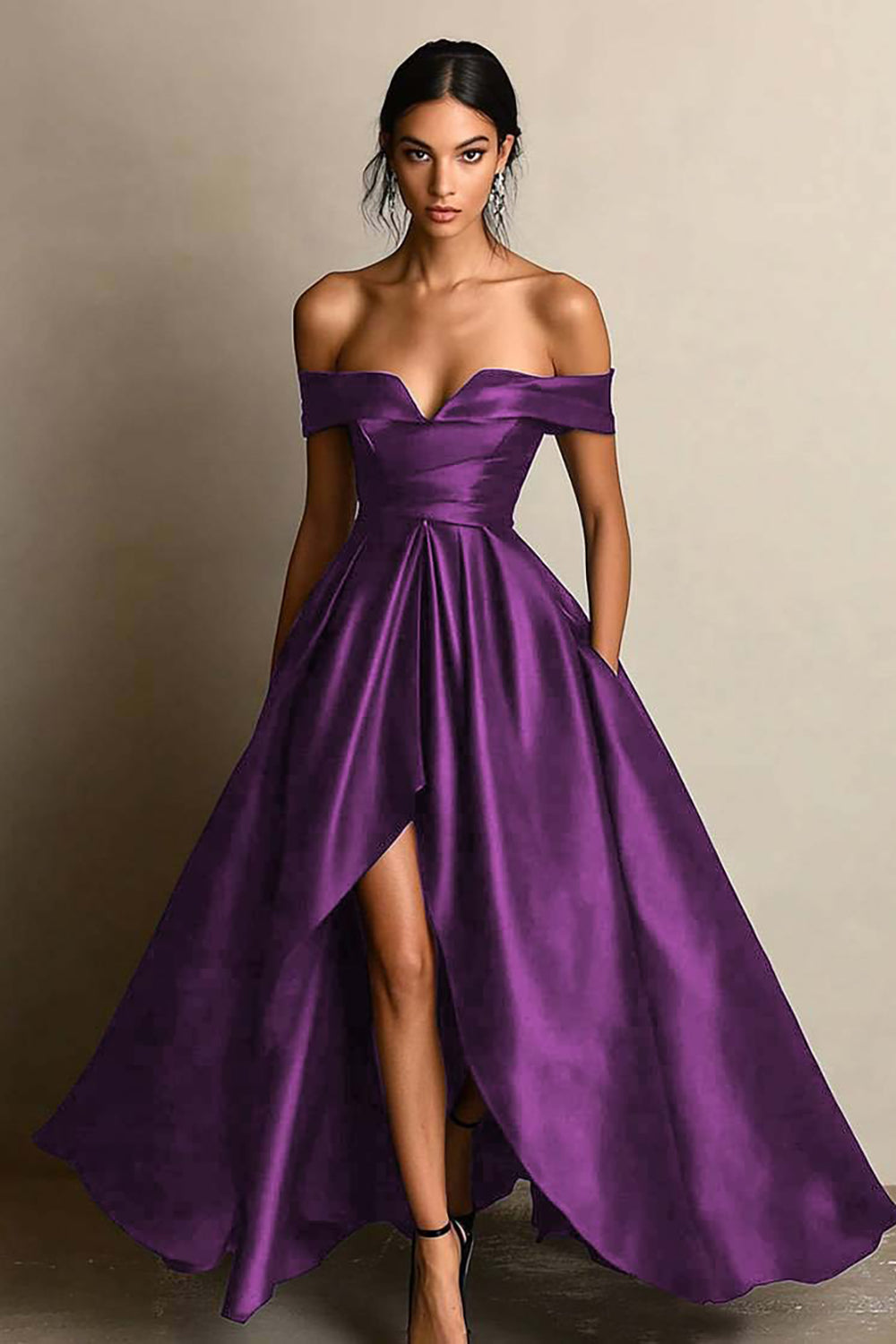Off The Shoulder High Low A Line Black Tie Dress