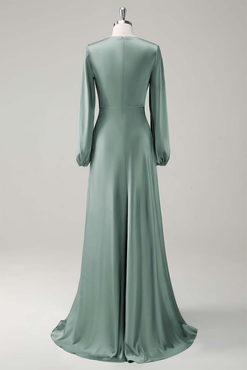 Eucalyptus Satin Round Neck Modest Bridesmaid Dress with Long Sleeves