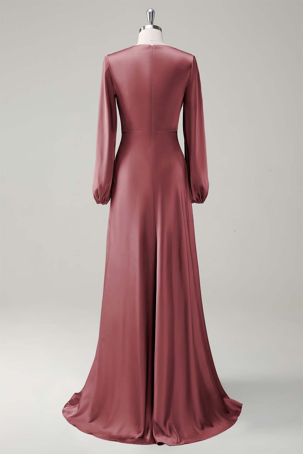 Eucalyptus Satin Round Neck Modest Bridesmaid Dress with Long Sleeves