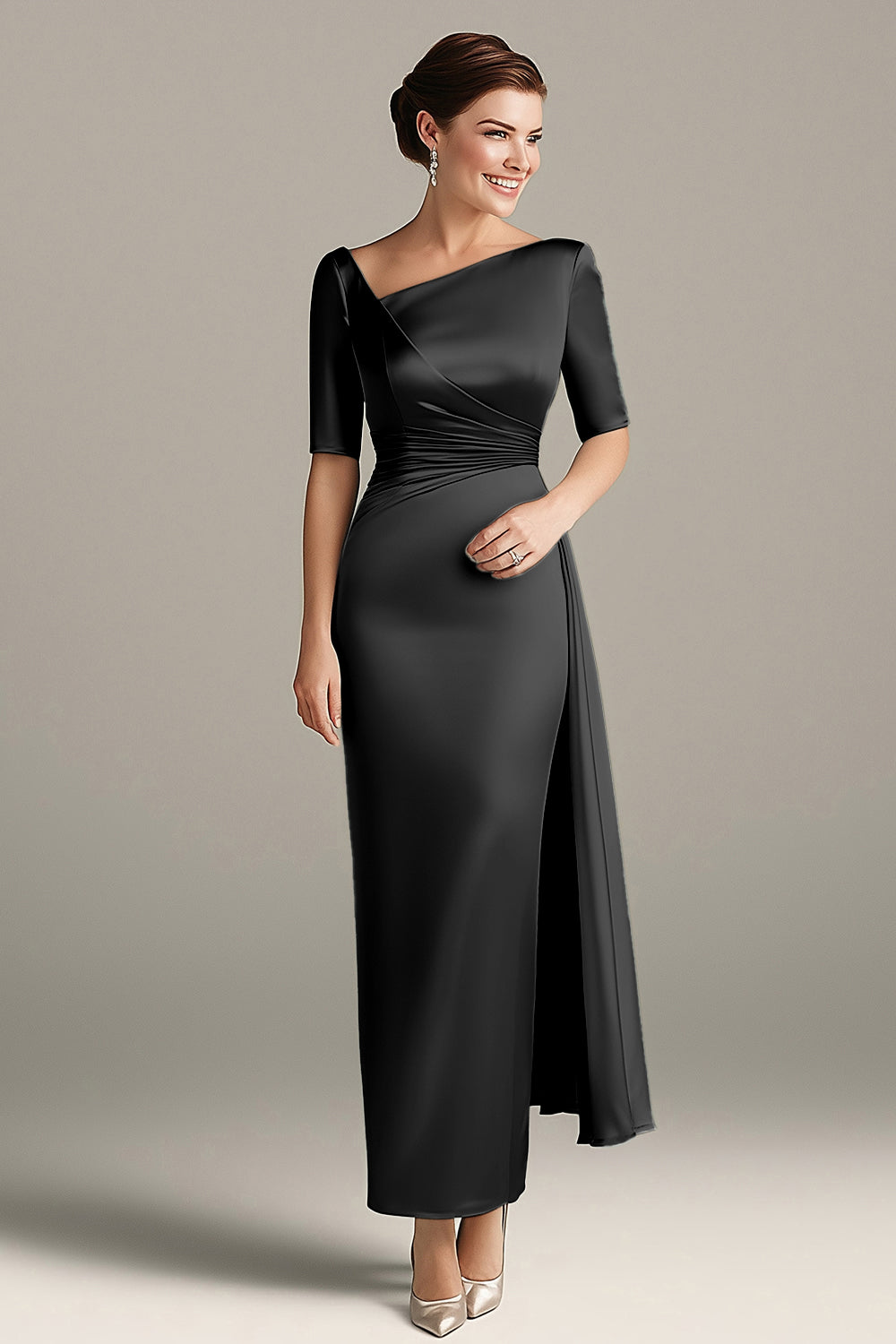 Silver Grey Sheath Satin Half Sleeves Mother Of The Bride Dress