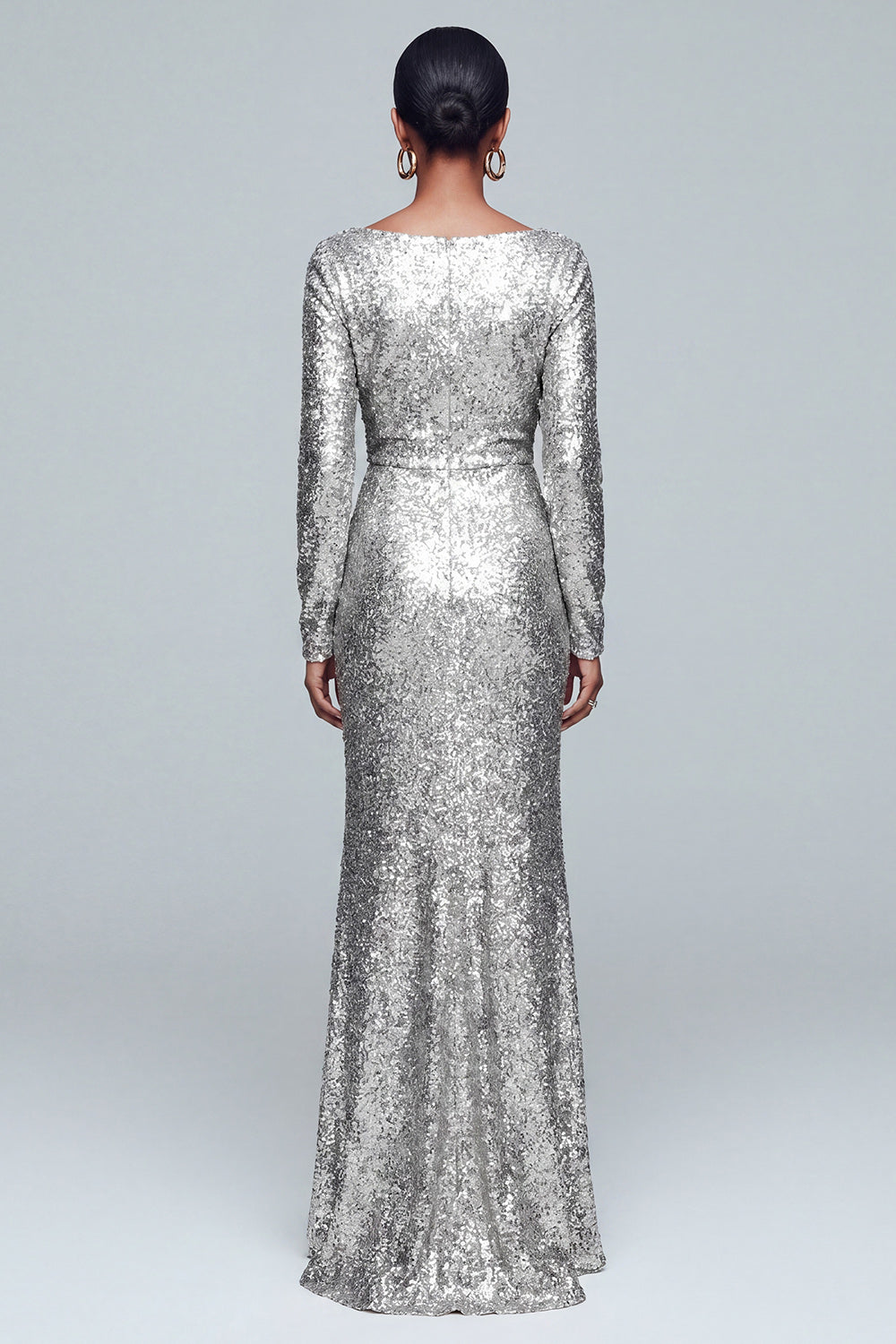 Gold Sheath Long Sleeve Maxi Evening Dress With Sequins