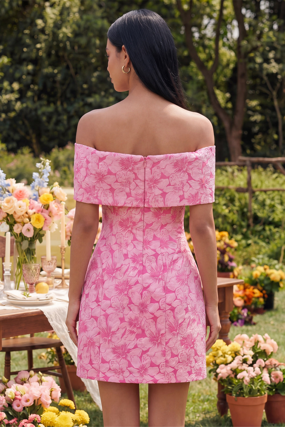 Floral Fuchsia Off the Shoulder A Line Mini Homecoming Dress with Bow