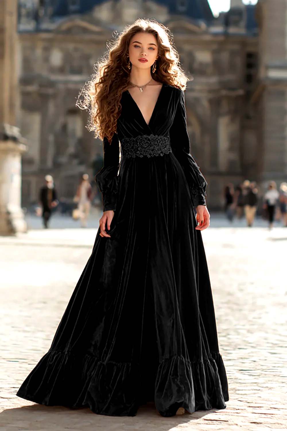 Velvet A-Line Brown V-Neck Maxi Formal Dress With Slit