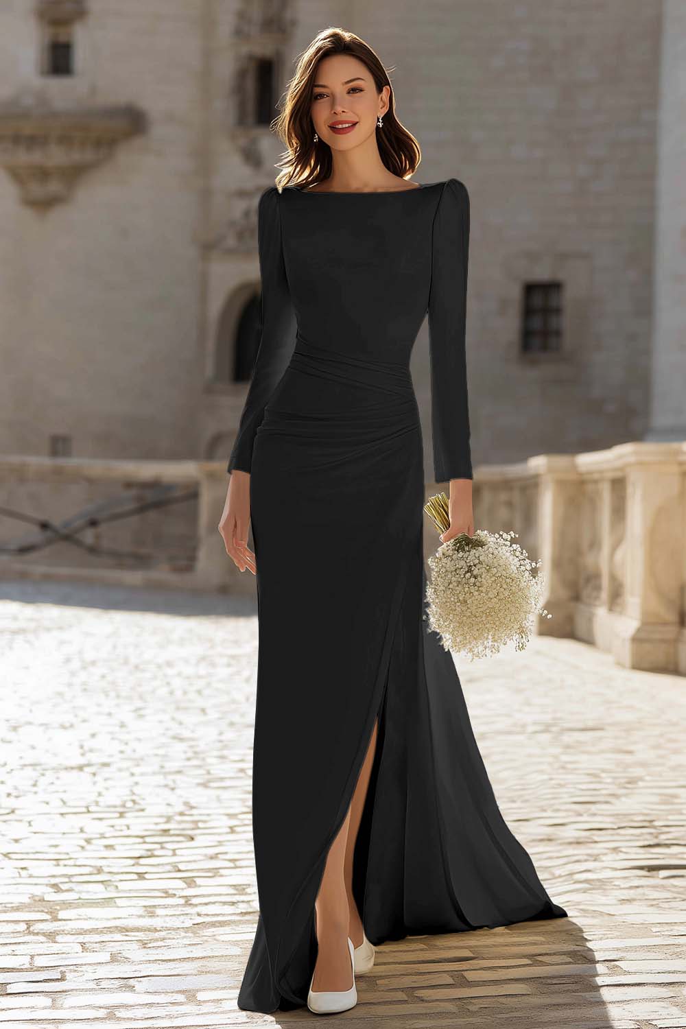 Ivory Ruched Long Sleeve Sheath Engagement Dress With Slit