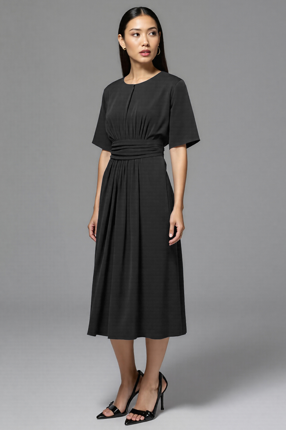 Navy A Line Round Neck Midi Work Dress