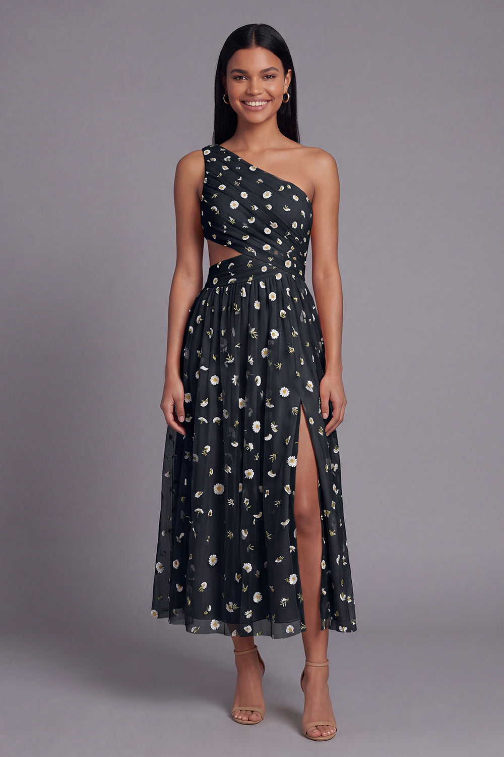 One Shoulder Cut Out Floral Light Orange Wedding Guest Dress