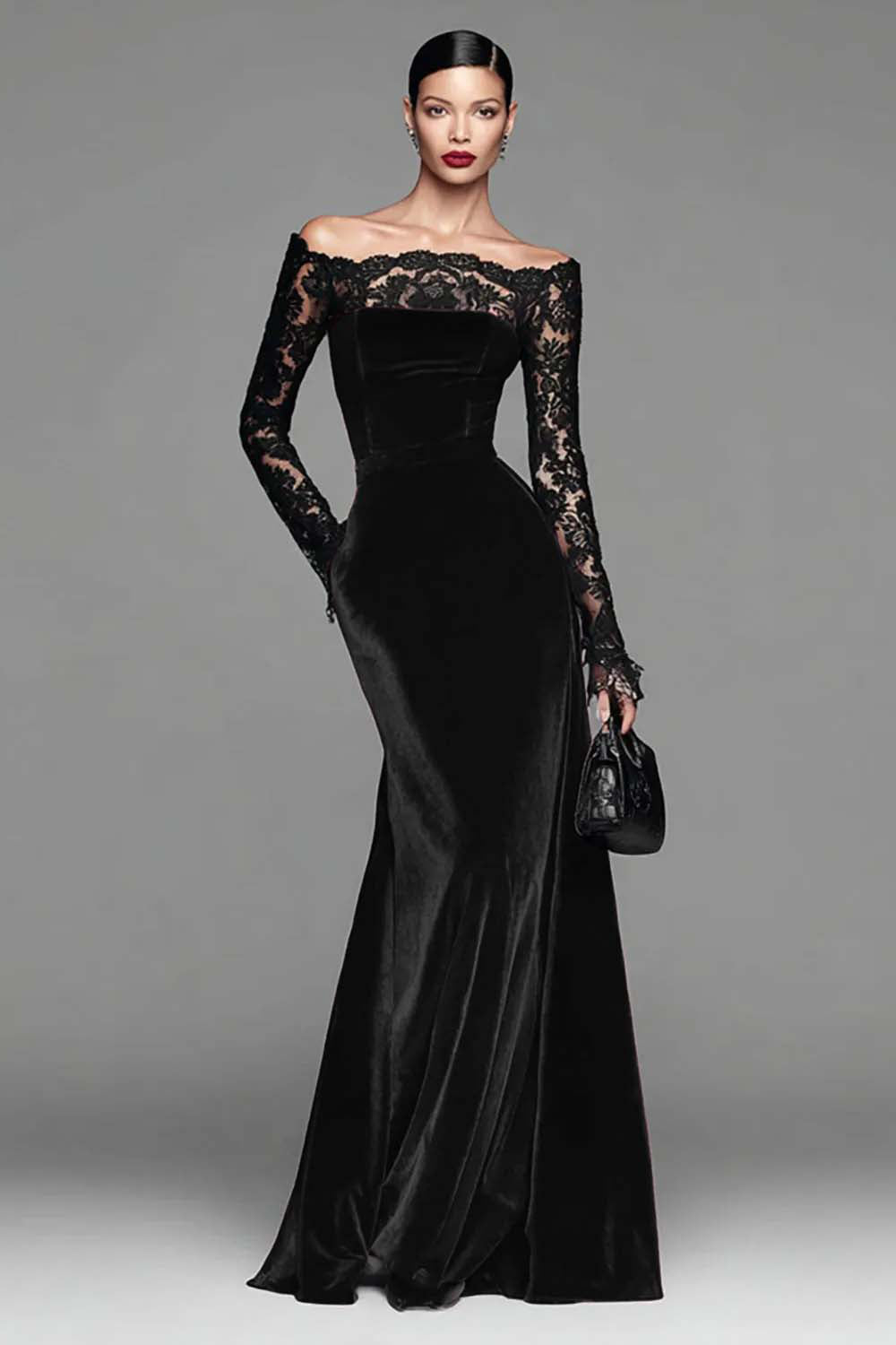 Burgundy Velvet Off The Shoulder Mermaid Formal Dress with Long Sleeves
