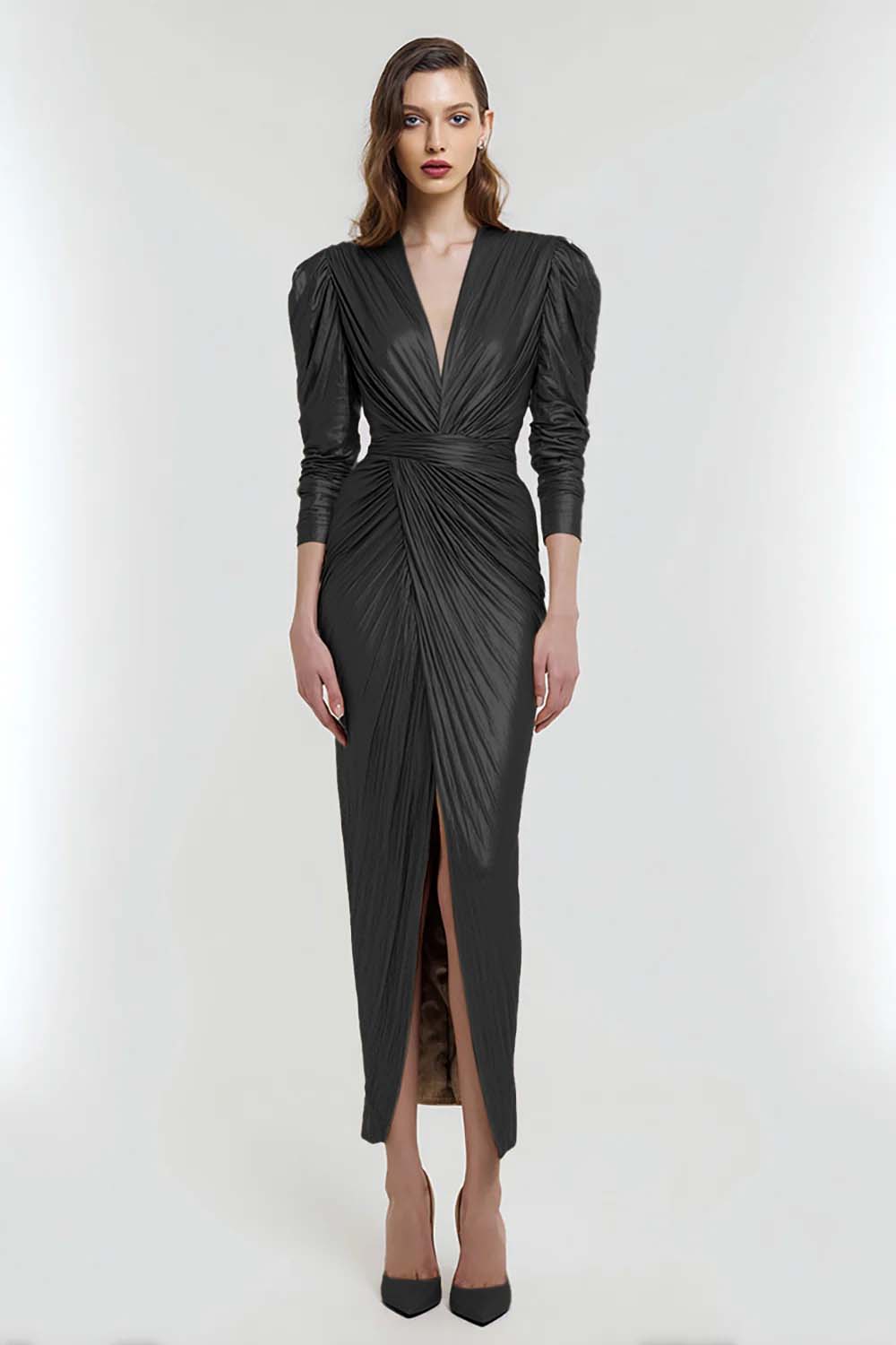 Sheath V-Neck Ruched Light Gold Formal Dress With Slit