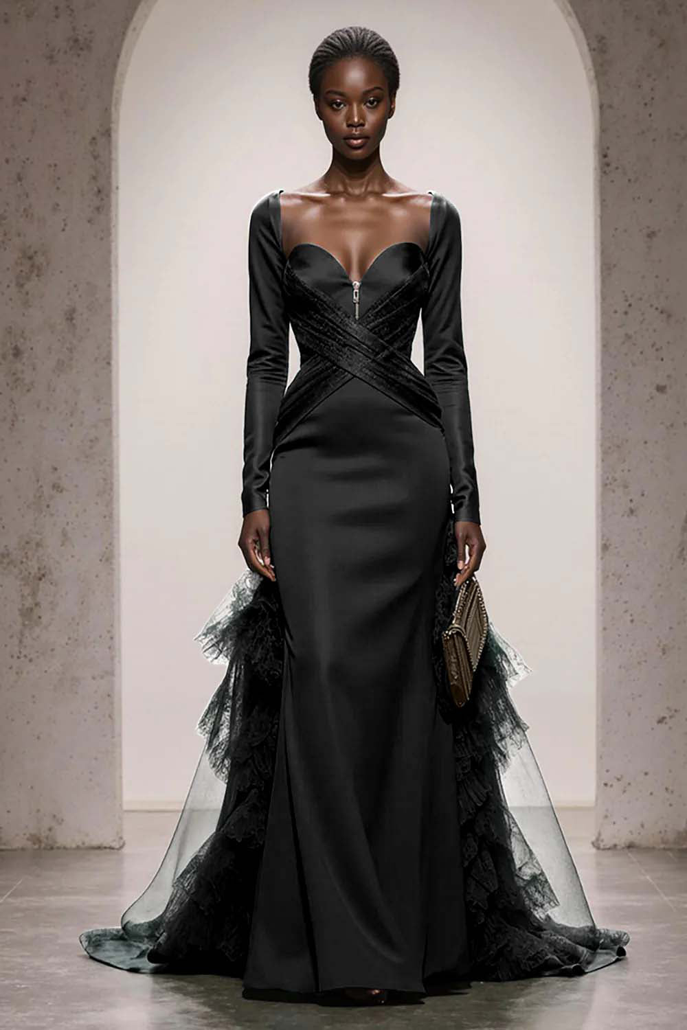 Dark Green Satin Mermaid Evening Dress With Long Sleeves