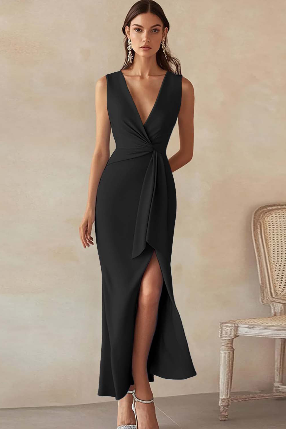 Blue Sheath V-Neck Formal Dress with Slit