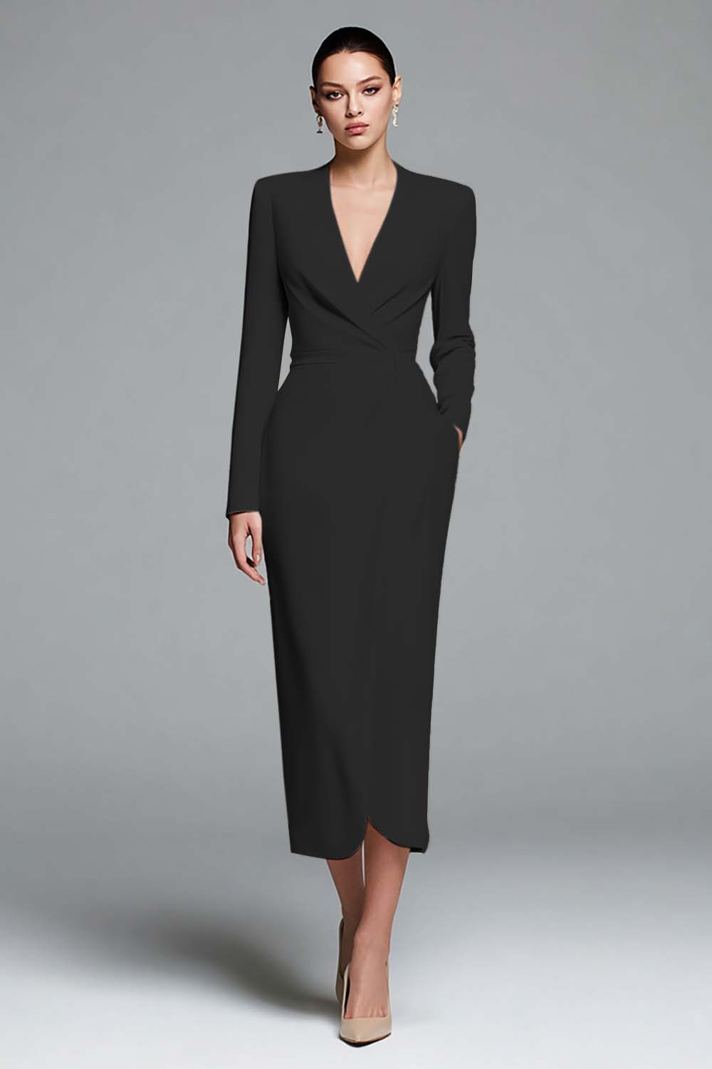 Ivory Sheath V-Neck Work Dress With Long Sleeves