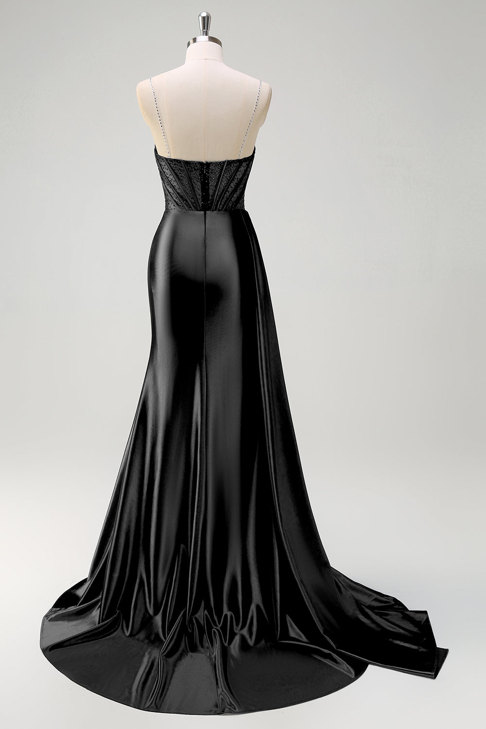 Beaded Corset Spaghetti Straps Mermaid Navy Prom Dress with Slit