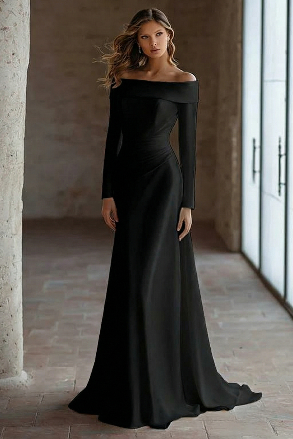 Off The Shoulder Ivory Engagement Dress With Long Sleeves