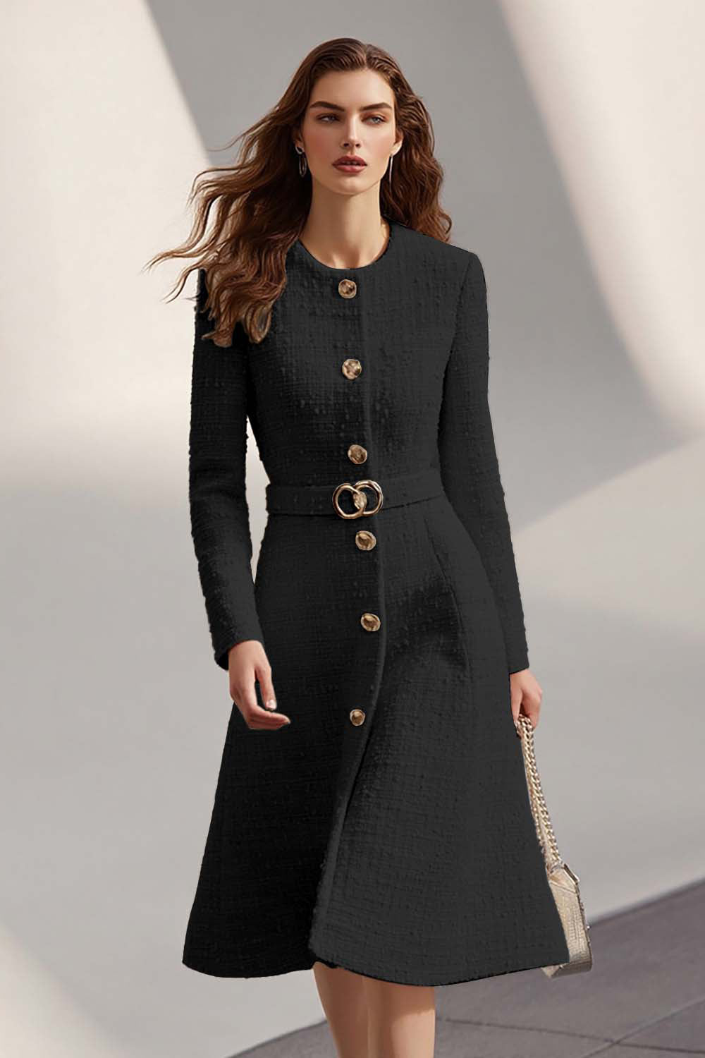 Ivory Tweed A-Line Round Neck Business Casual Dress With Belt